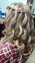 blonde long hair waterfall braid intricate braid braids updo pretty hairstyle boho spiral curls prom hair brantford hairstylist hair salon hair school near me bridal up-do