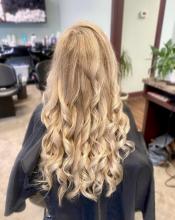 brantford hair school hair salon hairstylist hairdresser blonde blonding highlight service affordable balayage natural blonde hair transformation curled styled hair
