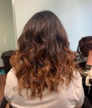 brantford balayage ombre brunette caramel highlights ombre summer hair cute beach beachy waves soft curls styled shoulder length hair brantford hair salon hair school hair stylist hair dresser affordable hair services near me 