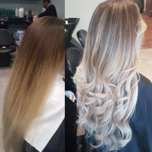 brantford hair salon hairstylist hairdresser hair dresser stylist service balayage highlights toner babylights affordable curled blowout before and after beautiful blonde hair