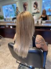 balayage highlights ombre blended blonde brown bronde milk tea natural soft grow out hair hairstylist stylist hairdresser near me brantford affordable colour correction