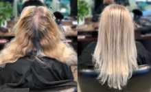 before and after hair transformation colour correction grey coverage banding highlights babylights icy platinum blonde brantford hairstylist hair salon hair school near me