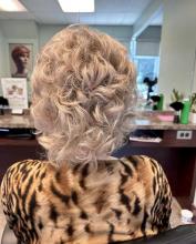 short curly hair curled curler roller set perm blonde cap highlights grey blending growing out platinum blonde beige silver beautiful volume hair stylist affordable service near me brantford