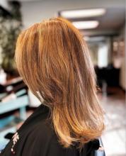 2023 hair trends medium long hair length with layers layered hair cut face framing layers curtain bangs cowboy copper hair near me brantford ontario by hairstylist hairdresser top rated hair school of hairstyling barbering and aesthetics college diploma