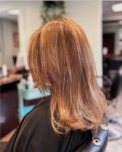 2023 hair trends medium long hair length with layers layered hair cut face framing layers curtain bangs cowboy copper hair near me brantford ontario by hairstylist hairdresser top rated hair school of hairstyling barbering and aesthetics college diploma