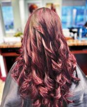 purple red burgundy pink raspberry violet colour balayage ombre hair long curly curled styled hair hairstyle hairstylist hairdresser near me brantford ontario best top rated hair school of hairstyling barbering and aesthetics college diploma program 2023 hair trends 